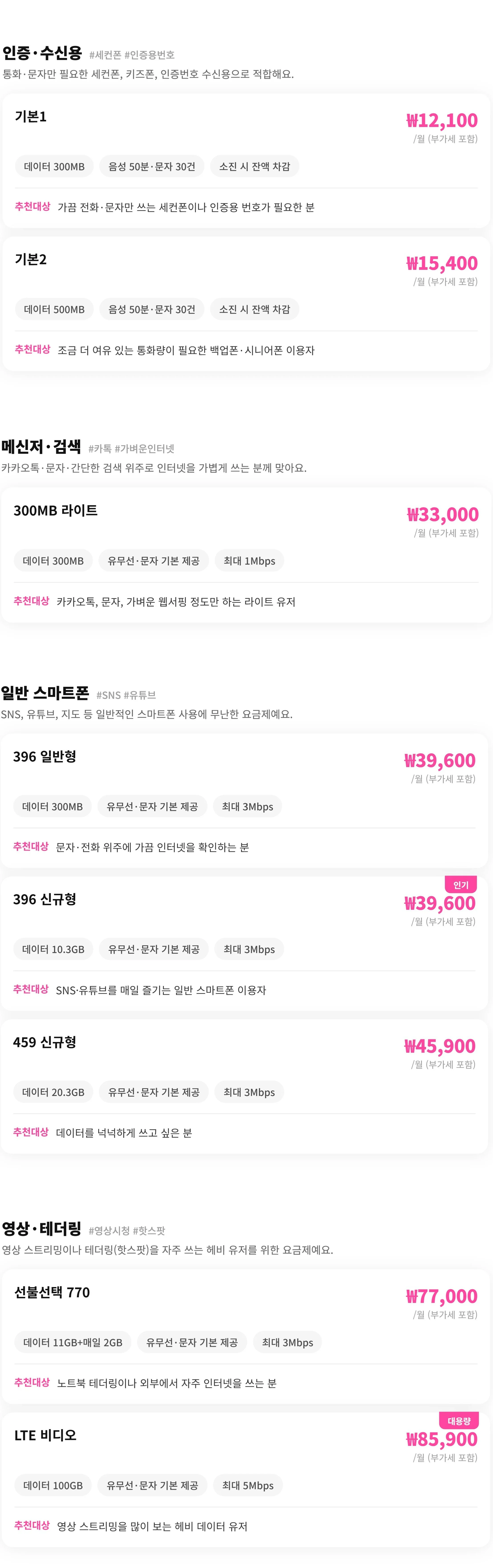 KT 선불폰 요금제표