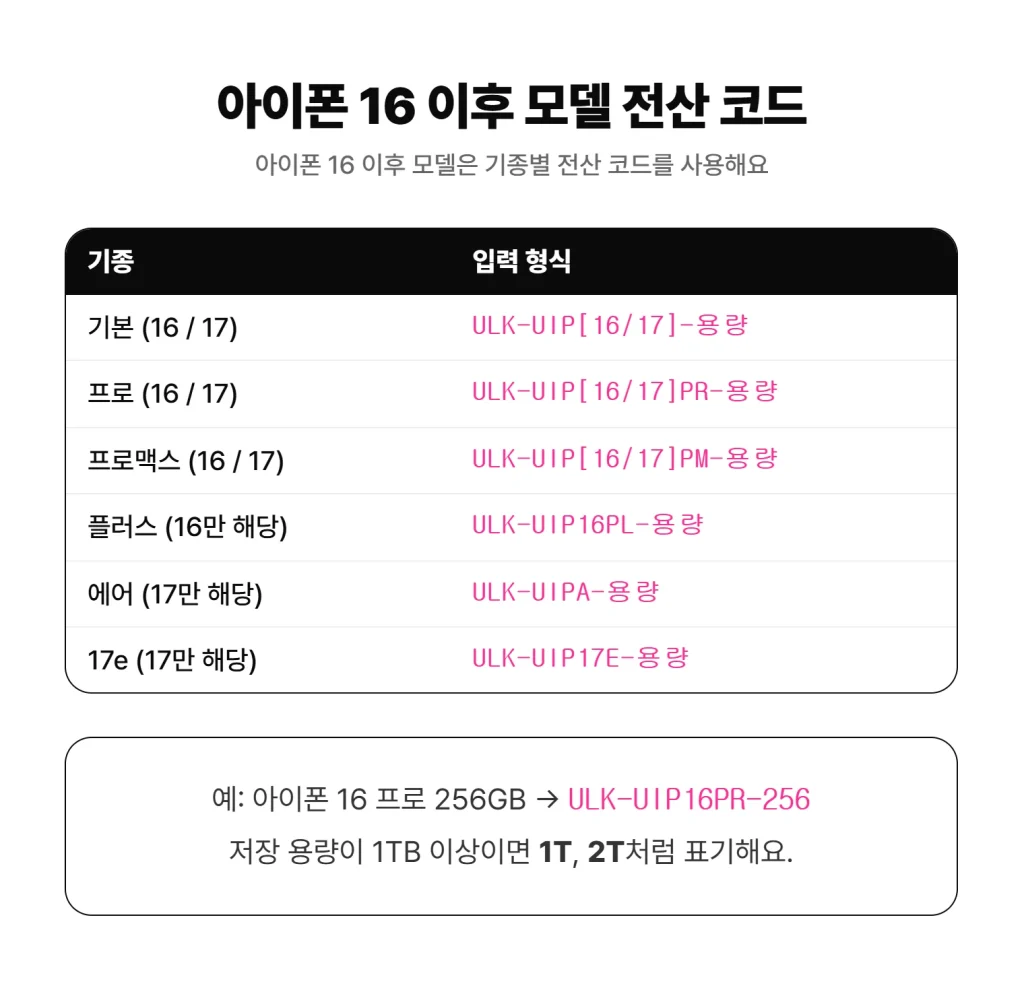 아이폰 16 이후 기종별 전산 코드표